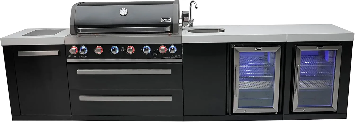 Mont Alpi MAi805-BSSBEVFC 805 44-inch 6-Burner 115000 BTU Black Stainless Steel Double Outdoor Rated Refrigerator Wine Cooler Beverage Center Granite Countertops   Faucet & Sink