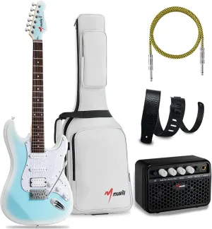 MST-1 39 Inch Electric Guitar Kit, Beginner Starter Full Size Solid Body Electric Guitar With HSS Pickups, Gig Bag, Amplifier, Strap, Cable, Picks, String (BabyBlueBurst)
