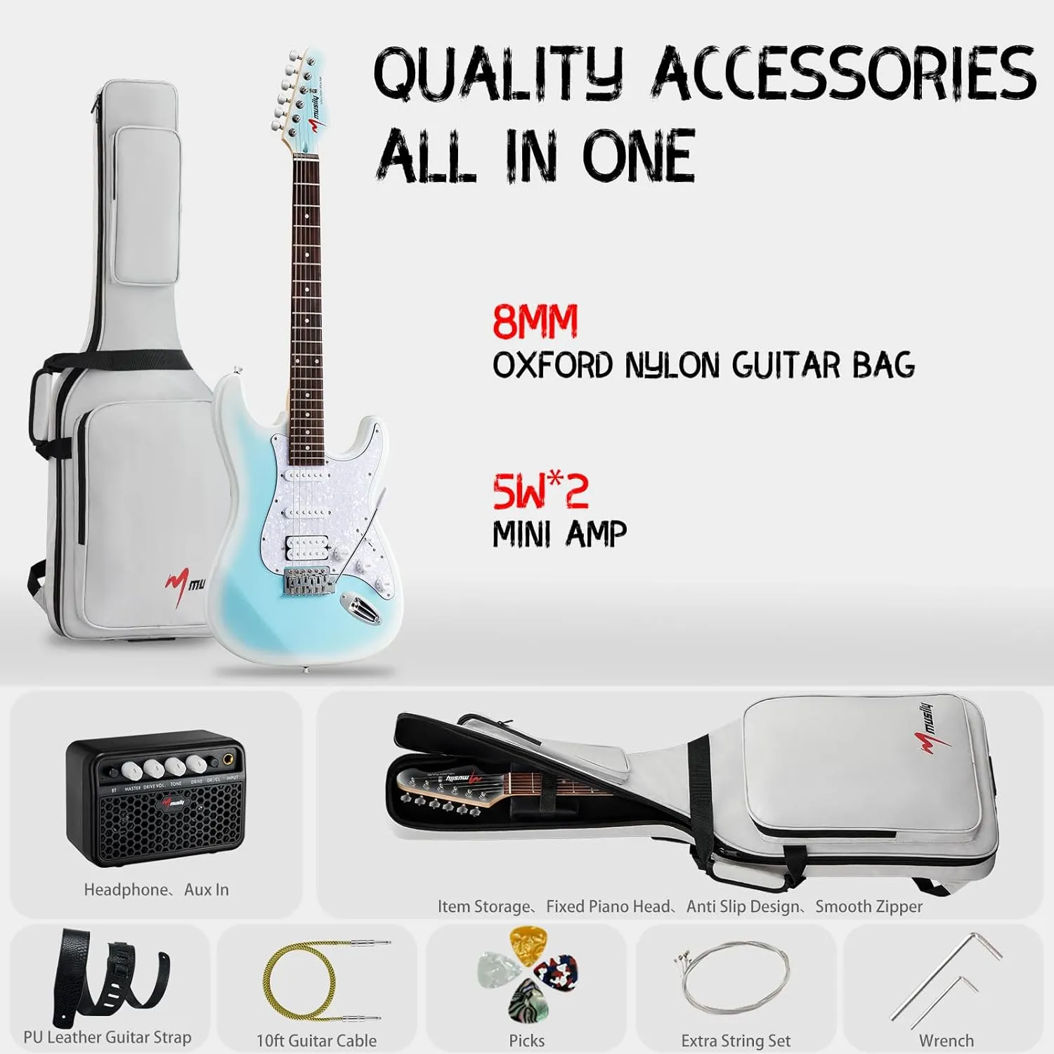 MST-1 39 Inch Electric Guitar Kit, Beginner Starter Full Size Solid Body Electric Guitar With HSS Pickups, Gig Bag, Amplifier, Strap, Cable, Picks, String (BabyBlueBurst)
