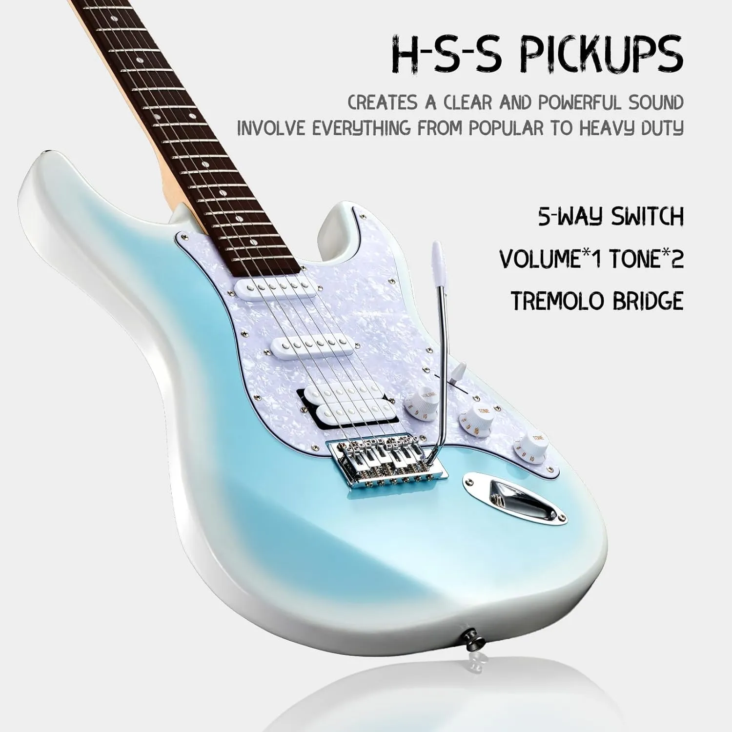 MST-1 39 Inch Electric Guitar Kit, Beginner Starter Full Size Solid Body Electric Guitar With HSS Pickups, Gig Bag, Amplifier, Strap, Cable, Picks, String (BabyBlueBurst)