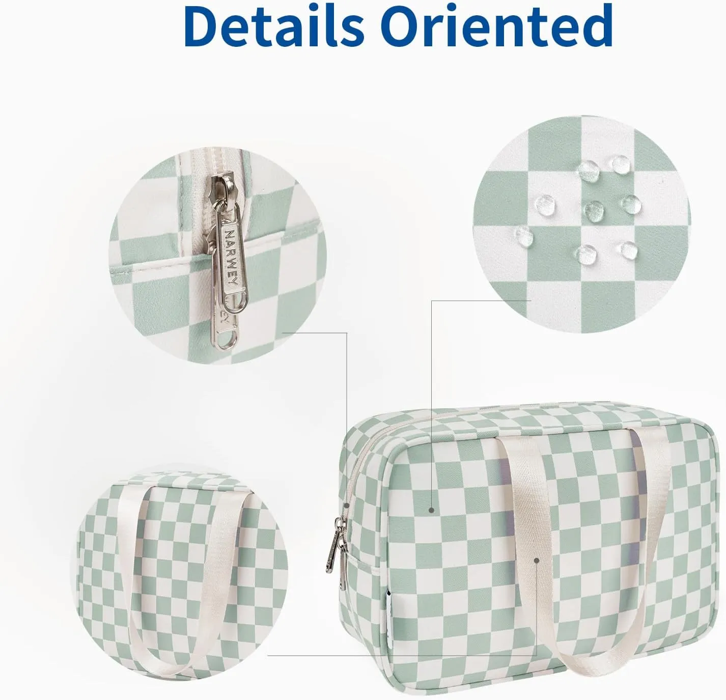 Narwey Large Checkered Travel Toiletry Bag Women Toiletries Bag Skincare Bag Makeup Bag with Handle Make up bag Organizer Cosmetic Bag Medicine Bag for Girls (Mint Green Checkerboard, Large)