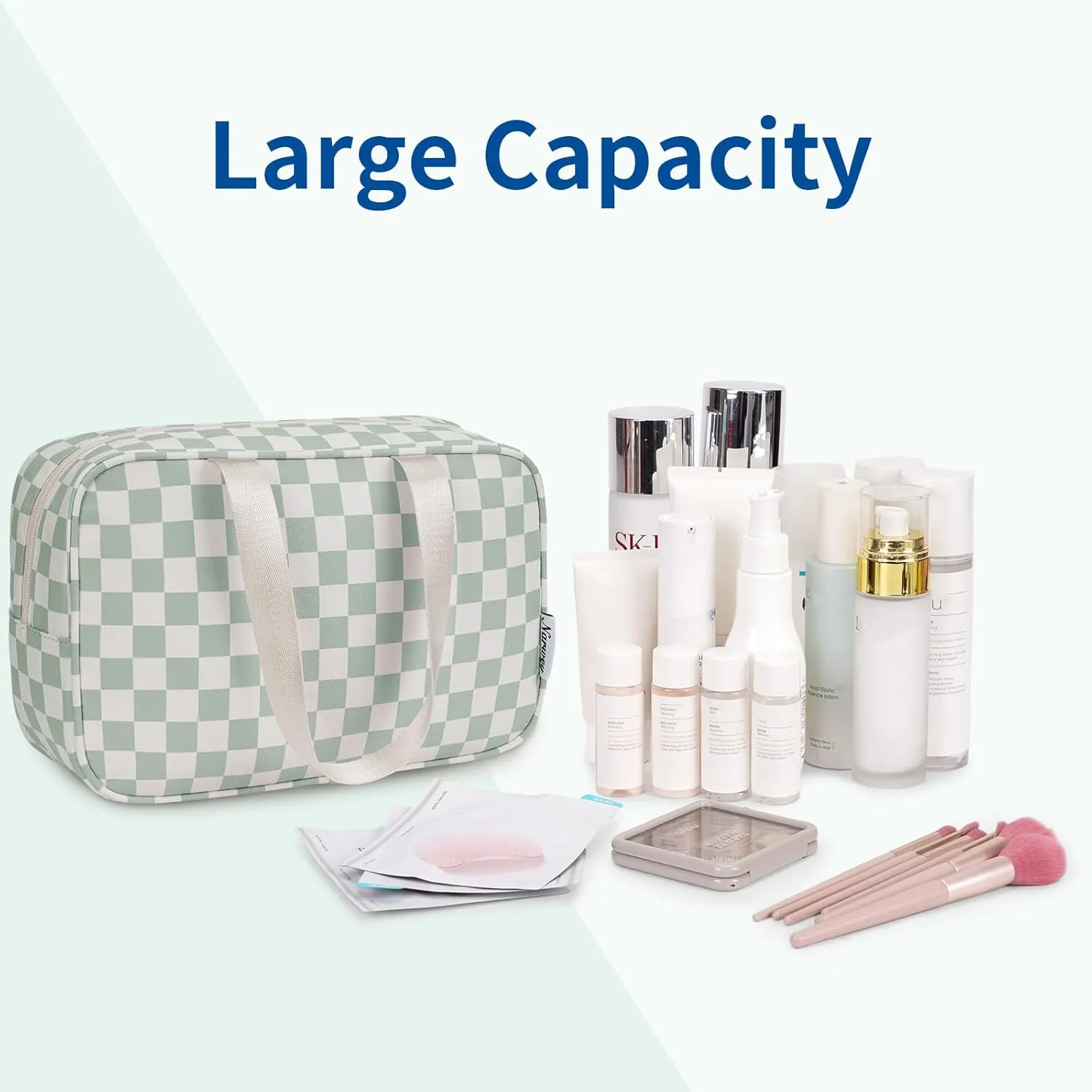 Narwey Large Checkered Travel Toiletry Bag Women Toiletries Bag Skincare Bag Makeup Bag with Handle Make up bag Organizer Cosmetic Bag Medicine Bag for Girls (Mint Green Checkerboard, Large)