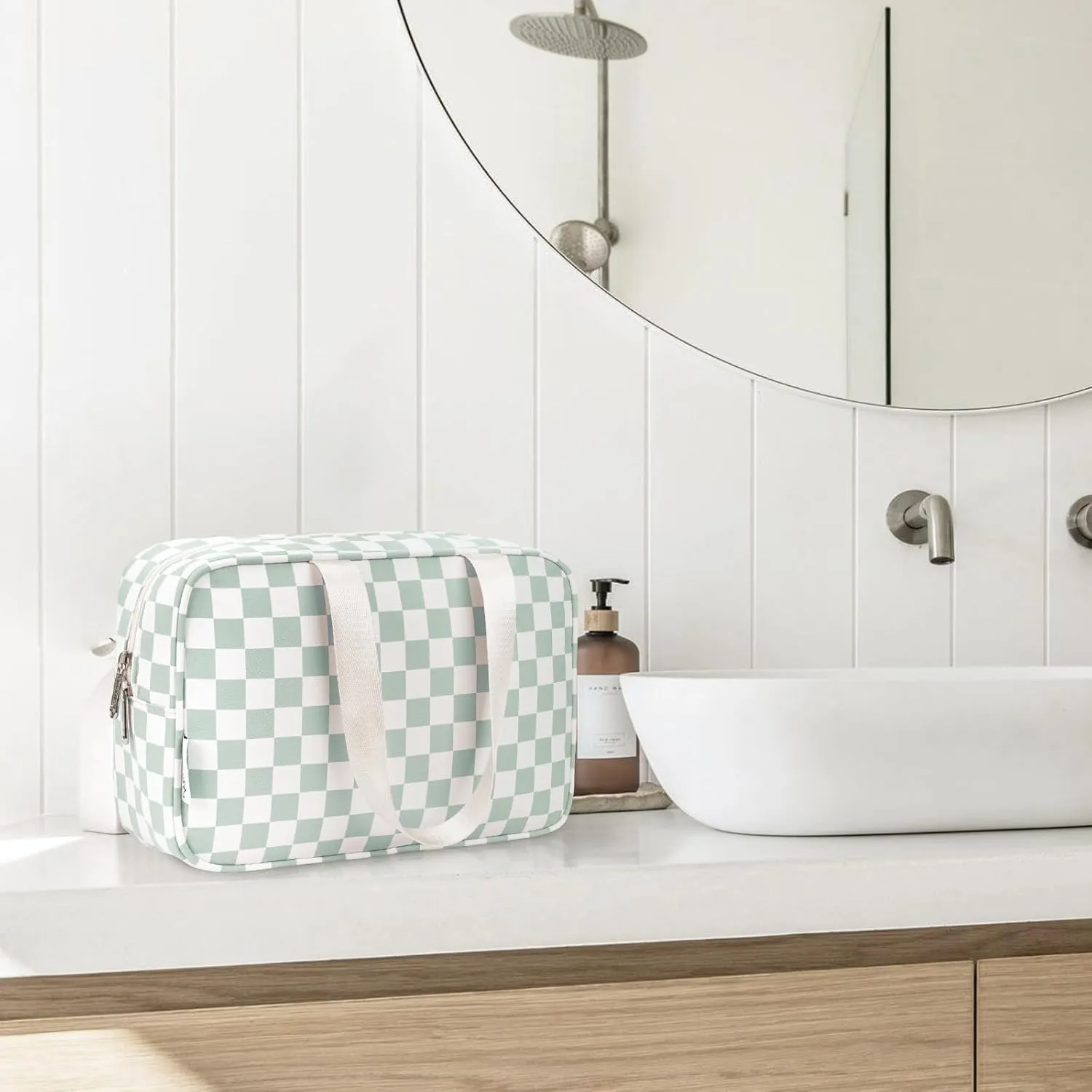 Narwey Large Checkered Travel Toiletry Bag Women Toiletries Bag Skincare Bag Makeup Bag with Handle Make up bag Organizer Cosmetic Bag Medicine Bag for Girls (Mint Green Checkerboard, Large)