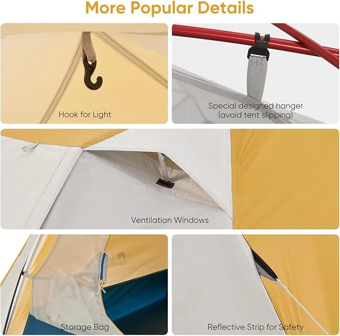 Naturehike Camping Tent, 2/3 Person Double Layer, Instant Easy Setup, Waterproof PU2000mm, 54 MPH Wind Resistance, UPF 50 , Outdoor Tent for Camping, Festivals, Backyard, Sleepovers
