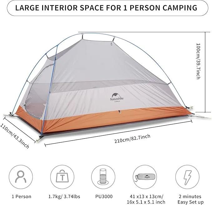 Naturehike Cloud-Up 1 Person Tent Lightweight Backpacking Tent for One Man, Waterproof Ultralight Single Person Tent, Double Layer One Person Tent for Camping Hiking Backpacking