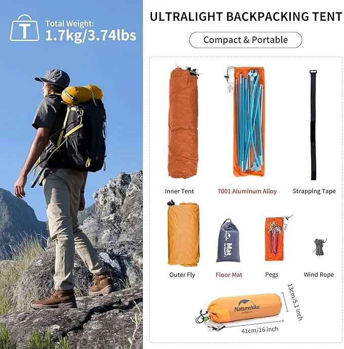 Naturehike Cloud-Up 1 Person Tent Lightweight Backpacking Tent for One Man, Waterproof Ultralight Single Person Tent, Double Layer One Person Tent for Camping Hiking Backpacking