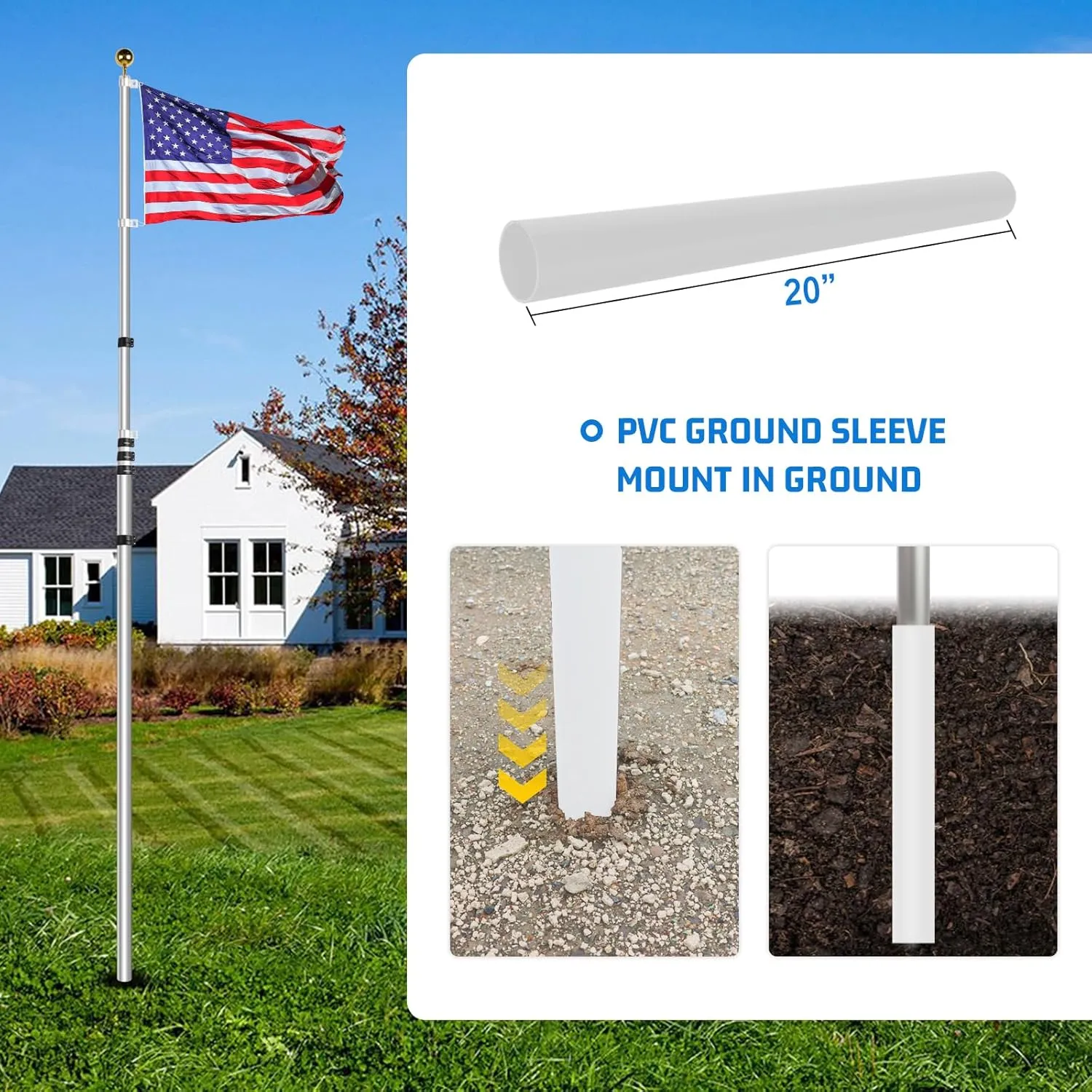 NELXINJO 20ft Telescopic Flag Pole - Extra Thick Outdoor Telescoping Flag Poles with 3x5 American Flag for Residential or Commercial,Black