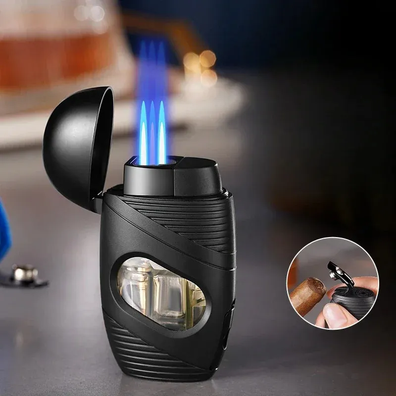 New Powerful 3 Jet Blue Flame Cigar Ligher Windproof Inflatable Gas Turbo Torch Lighter Kitchen Gas Stove Cigar Punch Tools Gift