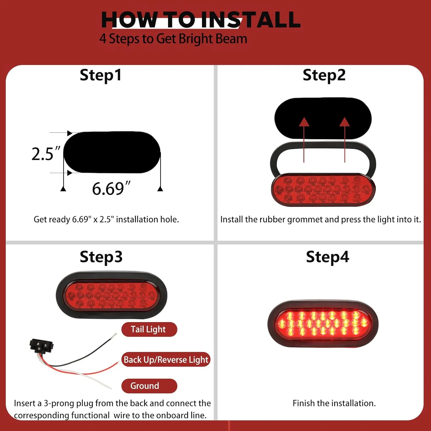NEW SUN 12pcs 6 Inch Oval LED Trailer Lights -21 LED Ultra Bright Tail Light Kit with Surface Mount Grommets, Watertight 3-Prong Plug for RV, Truck, Jeep - IP67 Waterproof, Easy Installation, Red