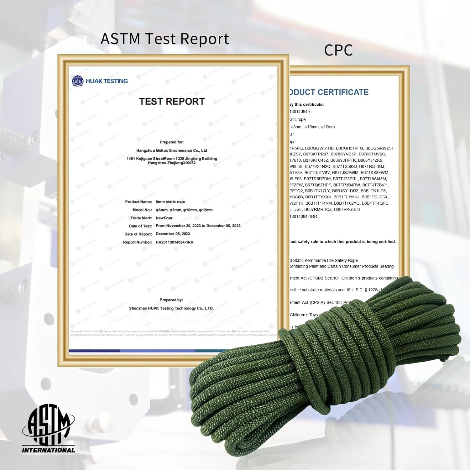 NewDoar CE & UIAA Certificated 18KN Static Climbing Rope 10mm (3/8in) High Strength Accessory Cord Double Braid Safety Rope for Prusik Hauling Dragging(ArmyGreen 10mm,50ft)