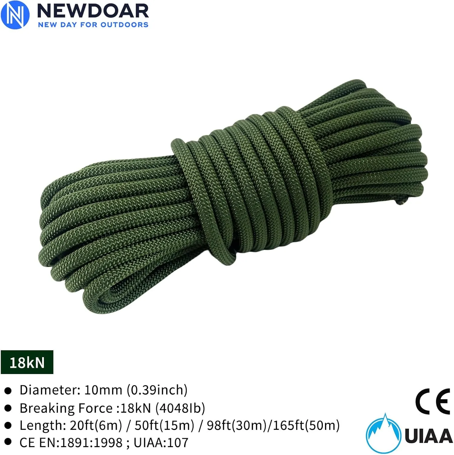 NewDoar CE & UIAA Certificated 18KN Static Climbing Rope 10mm (3/8in) High Strength Accessory Cord Double Braid Safety Rope for Prusik Hauling Dragging(ArmyGreen 10mm,50ft)