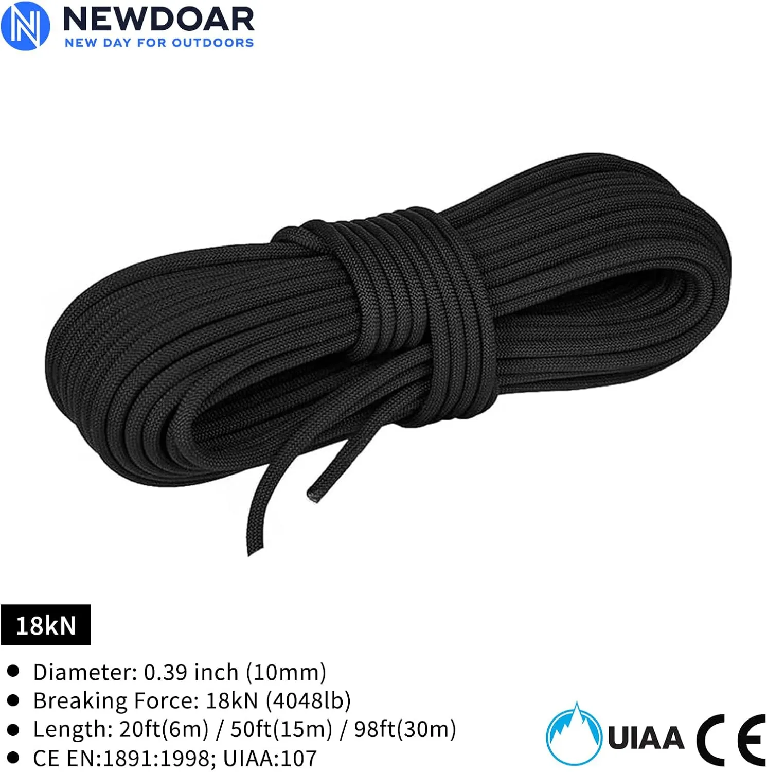 NewDoar Static Climbing Rope 10mm Accessory Cord Rope,for Arborist Tree, Mountaineering, Sailboat Rope,Dock Lines,Hauling Dragginge(Black 10mm,50FT)