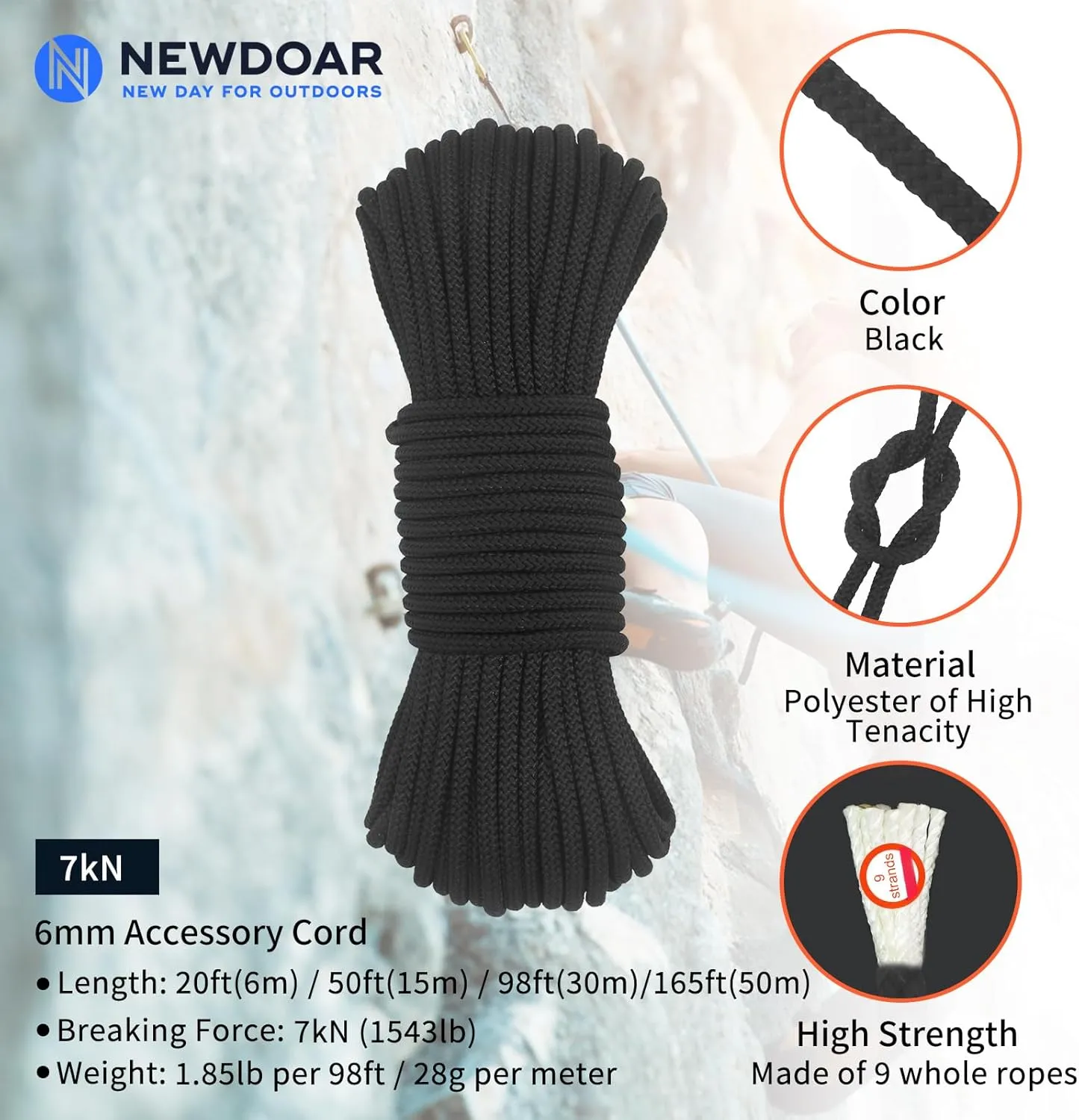 NewDoar Static Climbing Rope 6mm Accessory Cord Rope,for Arborist Tree, Mountaineering, Sailboat Rope,Dock Lines,Hauling Dragginge