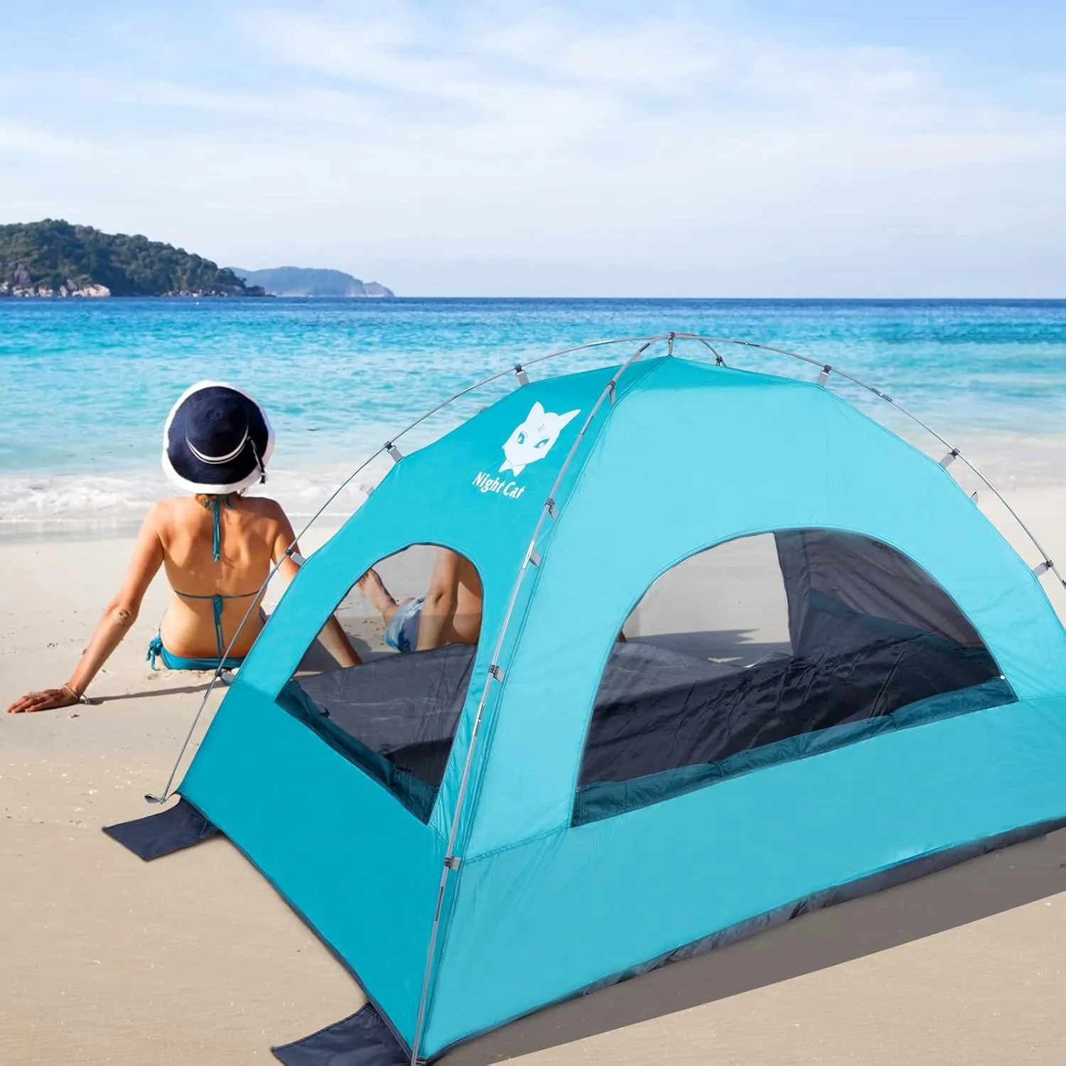 Night Cat Beach Tent Portable Camping Sun Shade Shelter for 2-4 Persons with UV Protection 3 Breathable Mesh Windows Extended Tent Floor Easy Set Up Outdoor