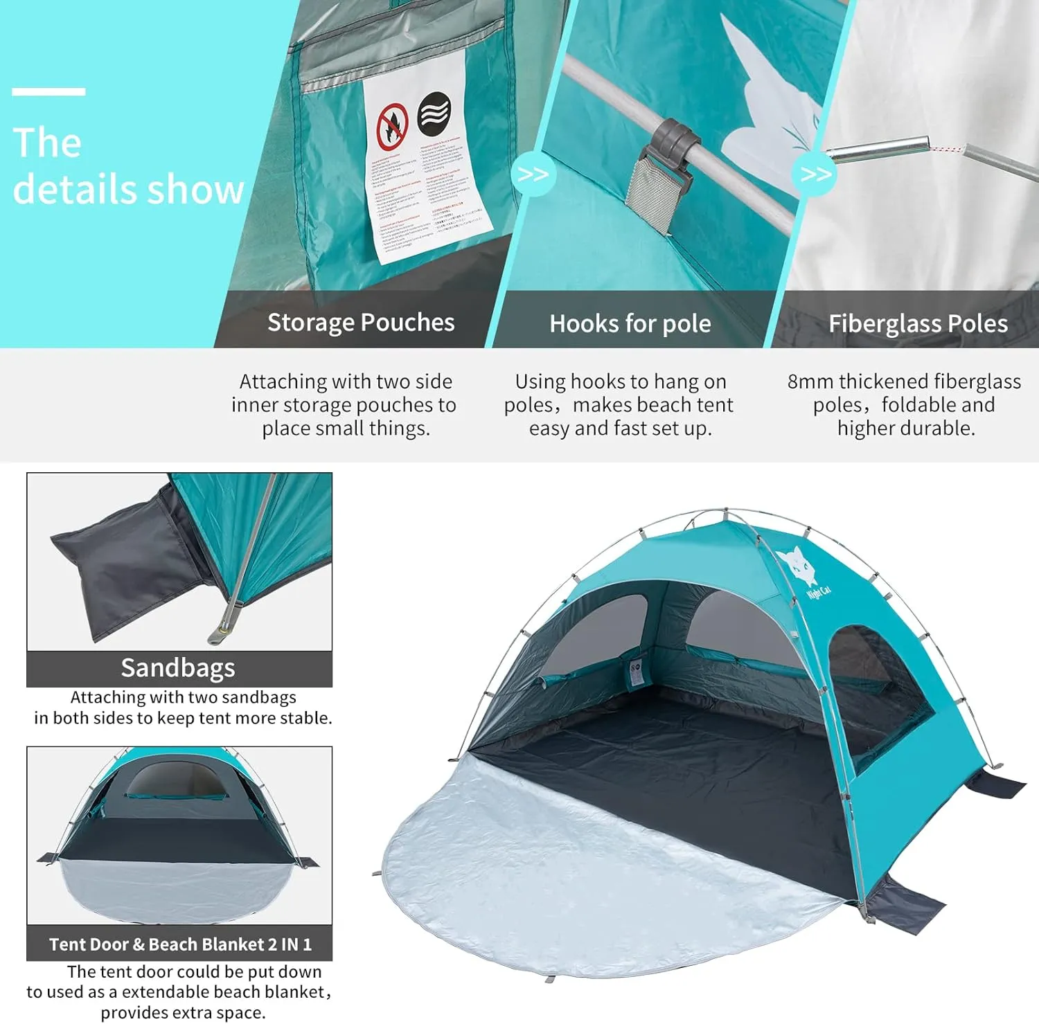 Night Cat Beach Tent Portable Camping Sun Shade Shelter for 2-4 Persons with UV Protection 3 Breathable Mesh Windows Extended Tent Floor Easy Set Up Outdoor