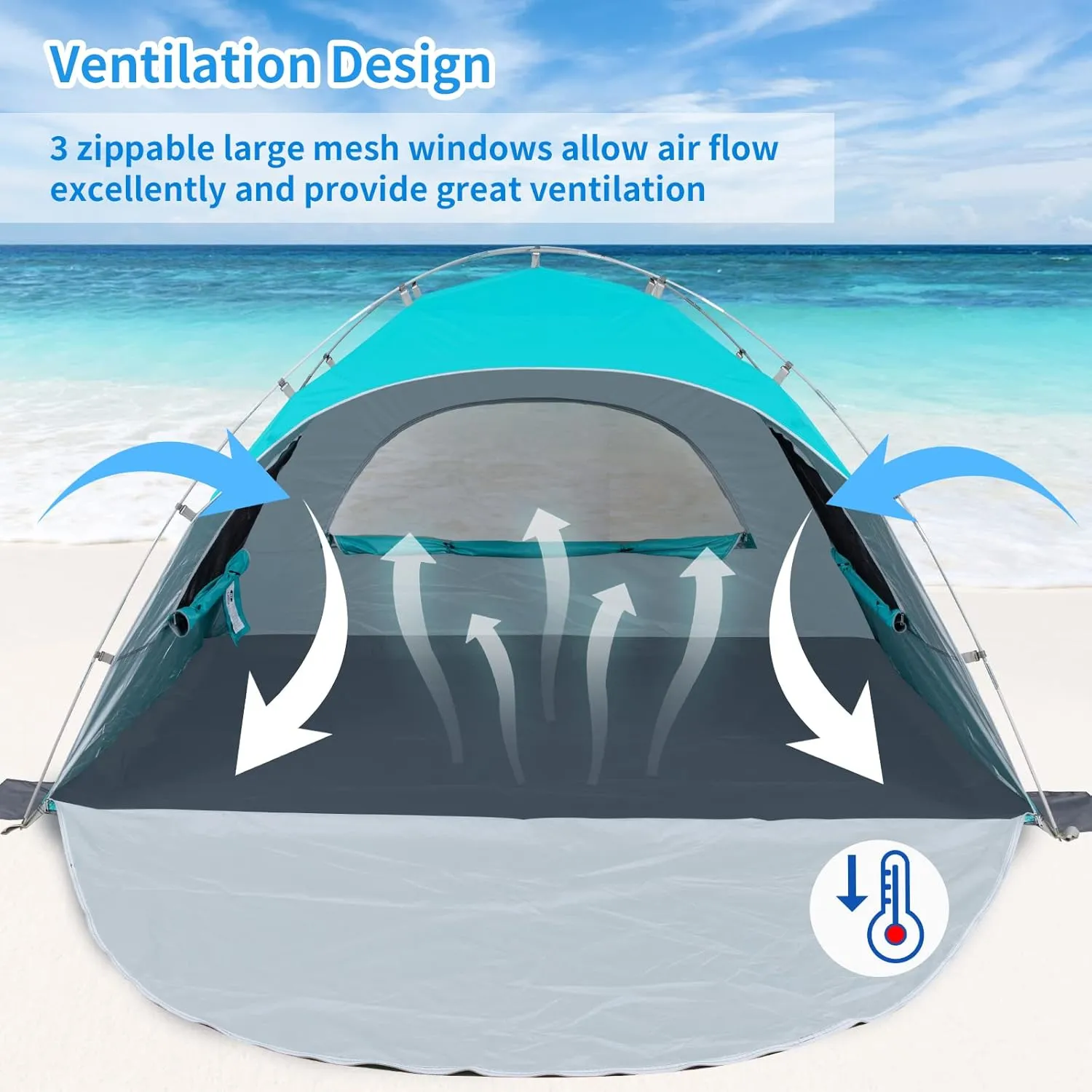 Night Cat Beach Tent Portable Camping Sun Shade Shelter for 2-4 Persons with UV Protection 3 Breathable Mesh Windows Extended Tent Floor Easy Set Up Outdoor