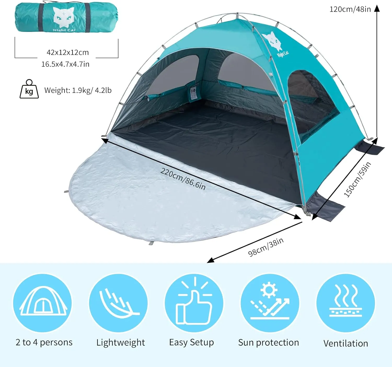 Night Cat Beach Tent Portable Camping Sun Shade Shelter for 2-4 Persons with UV Protection 3 Breathable Mesh Windows Extended Tent Floor Easy Set Up Outdoor