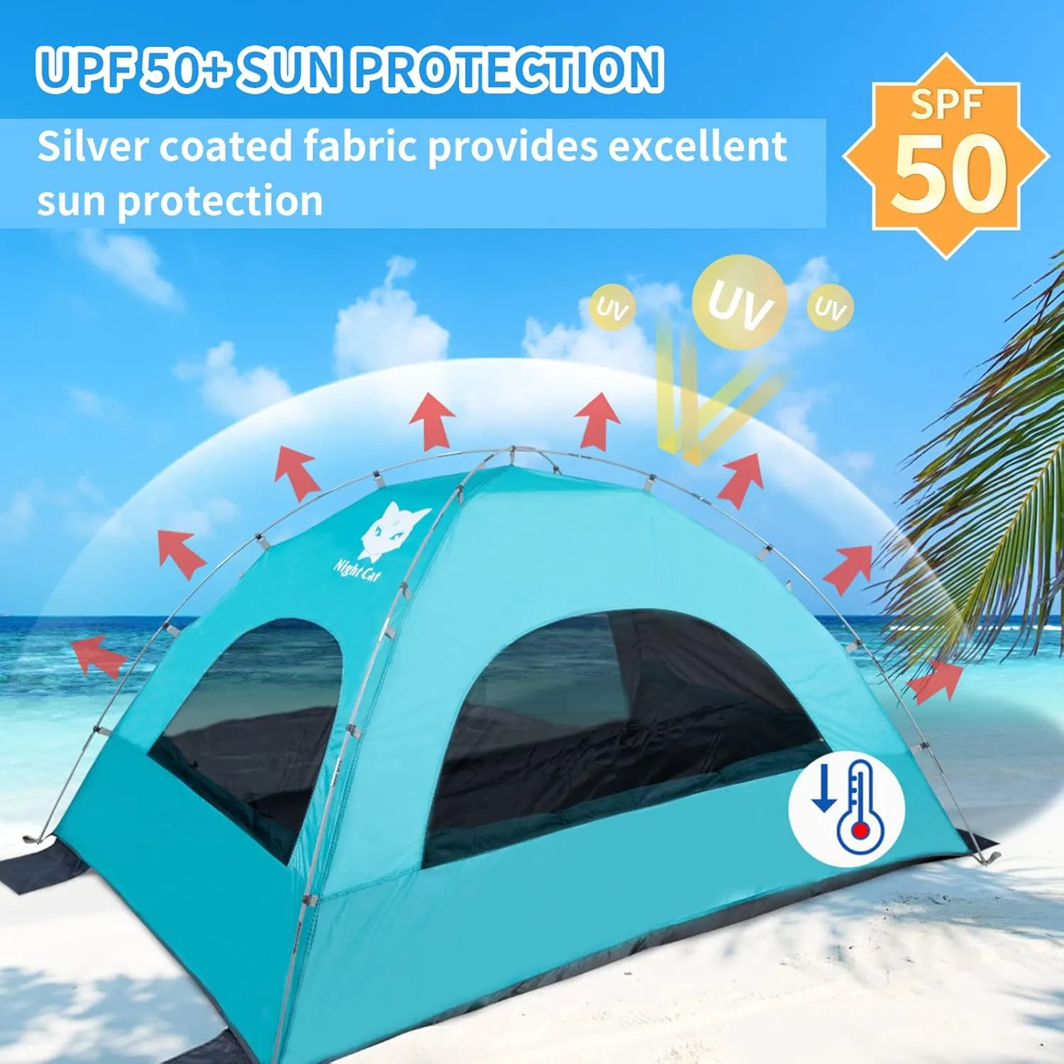 Night Cat Beach Tent Portable Camping Sun Shade Shelter for 2-4 Persons with UV Protection 3 Breathable Mesh Windows Extended Tent Floor Easy Set Up Outdoor