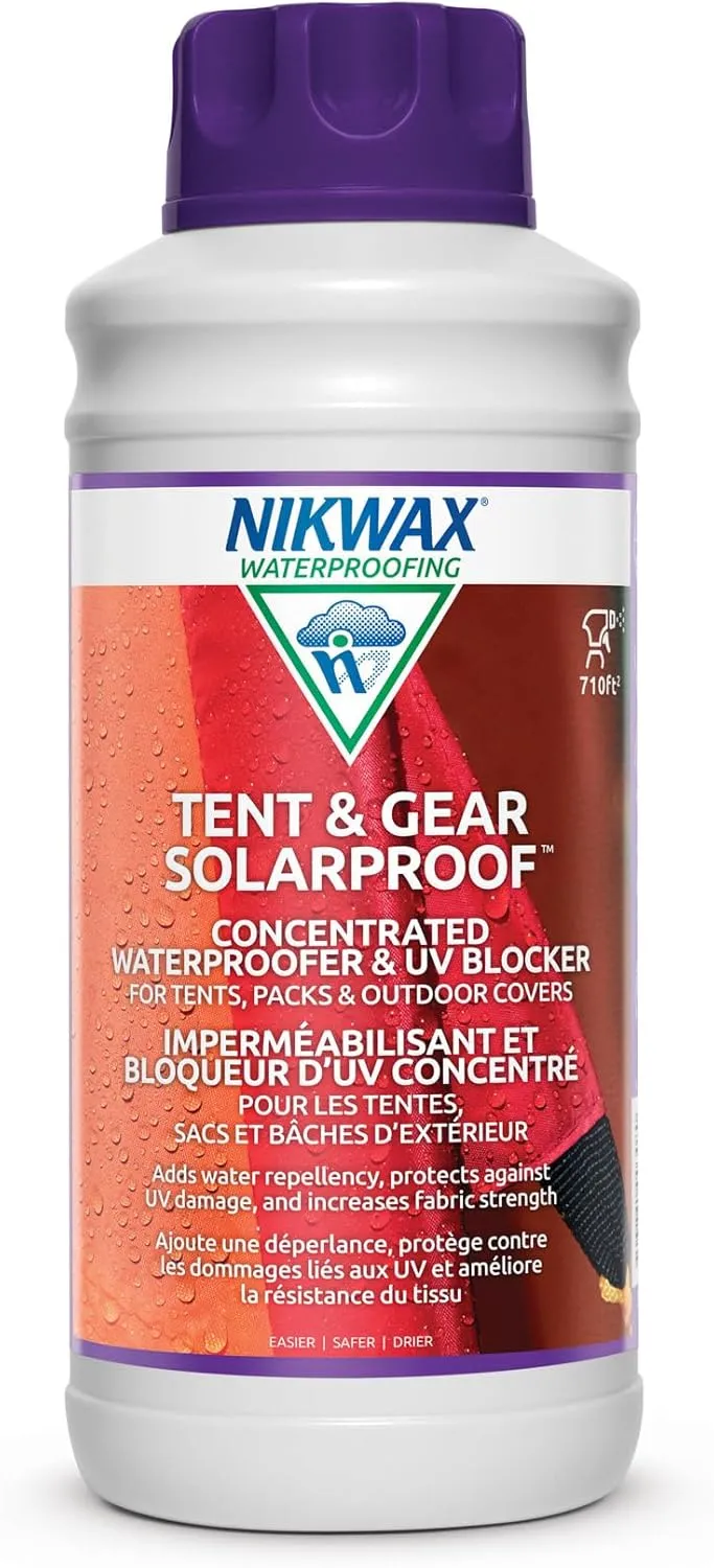 Nikwax Tent & Gear, Tent & Gear Solarproof, 1000ml Concentrate, Waterproofing and UV Protector, Rain Protector, Restores DWR Water Repellency on Outdoor Fabric, Rain Fly, Canvas, Covers, Backpacks