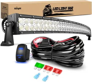 Nilight 50Inch 288W Curved Spot Flood Combo Led Light Bar Off Road Driving Lights Boat Lights Fog Light 12V On/Off 5 Pin Rocker Switch Power 12AWG Wiring Harness Kit-1 Lead for Trucks