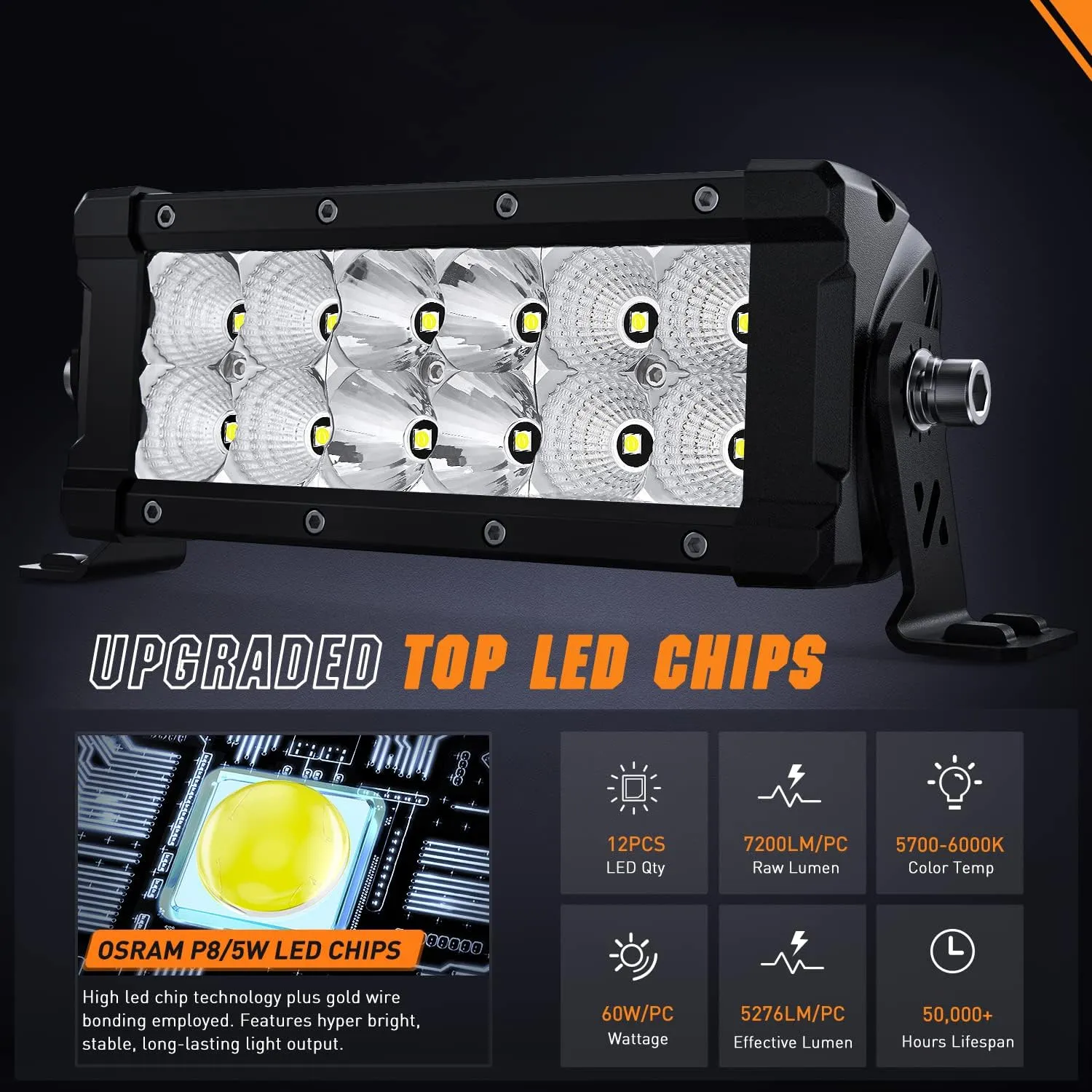 Nilight LED Light Bar 7.6 Inch 2PCS 60W Flood Spot Combo Beam 7200LM Osram P8/5W Chips Offroad Lighting IP68 LED Driving Light for Pickup Truck SUV ATV UTV Boat 4x4 Jeep