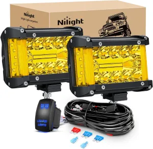 Nilight Side Shooter LED Light Bar 2PCS 4.3Inch Triple Row Spot Flood Combo Yellow Beam Lighting with 5Pin Rocker Switch Wiring Harness Kit for Off Road Light on Truck SUV ATV UTV