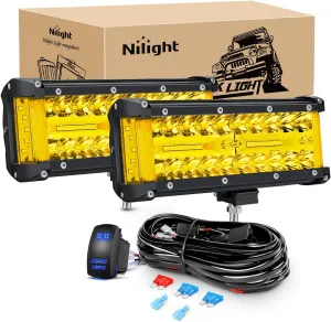 Nilight Side Shooter LED Light Bar 2PCS 7 Inch Triple Row Spot Flood Combo Yellow Beam Pods with 5Pin Rocker Switch Wiring Harness Kit for Off Road Lighting on Truck SUV ATV UTV