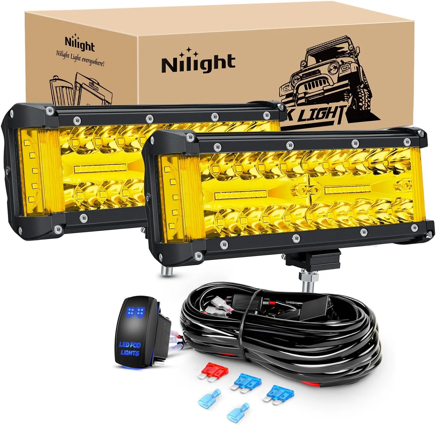 Nilight Side Shooter LED Light Bar 2PCS 7 Inch Triple Row Spot Flood Combo Yellow Beam Pods with 5Pin Rocker Switch Wiring Harness Kit for Off Road Lighting on Truck SUV ATV UTV