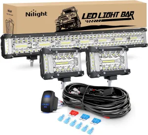 Nilight Side Shooter LED Light Bar Set 20 Inch Triple Row Spot Flood Combo Lights 2PCS 4.3" Pods with 5Pin Rocker Switch Wiring Harness Kit for Truck SUV ATV UTV