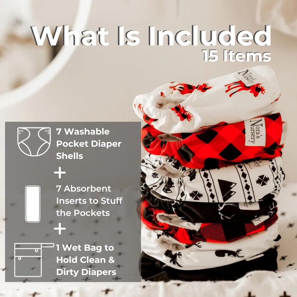 Nora's Nursery Cloth Diapers 7 Pack with 7 Inserts & 1 Wet Bag - Waterproof Cover, Washable, Reusable & One Size Adjustable Pocket Diapers for Newborns and Toddlers - Buffalo Plaid
