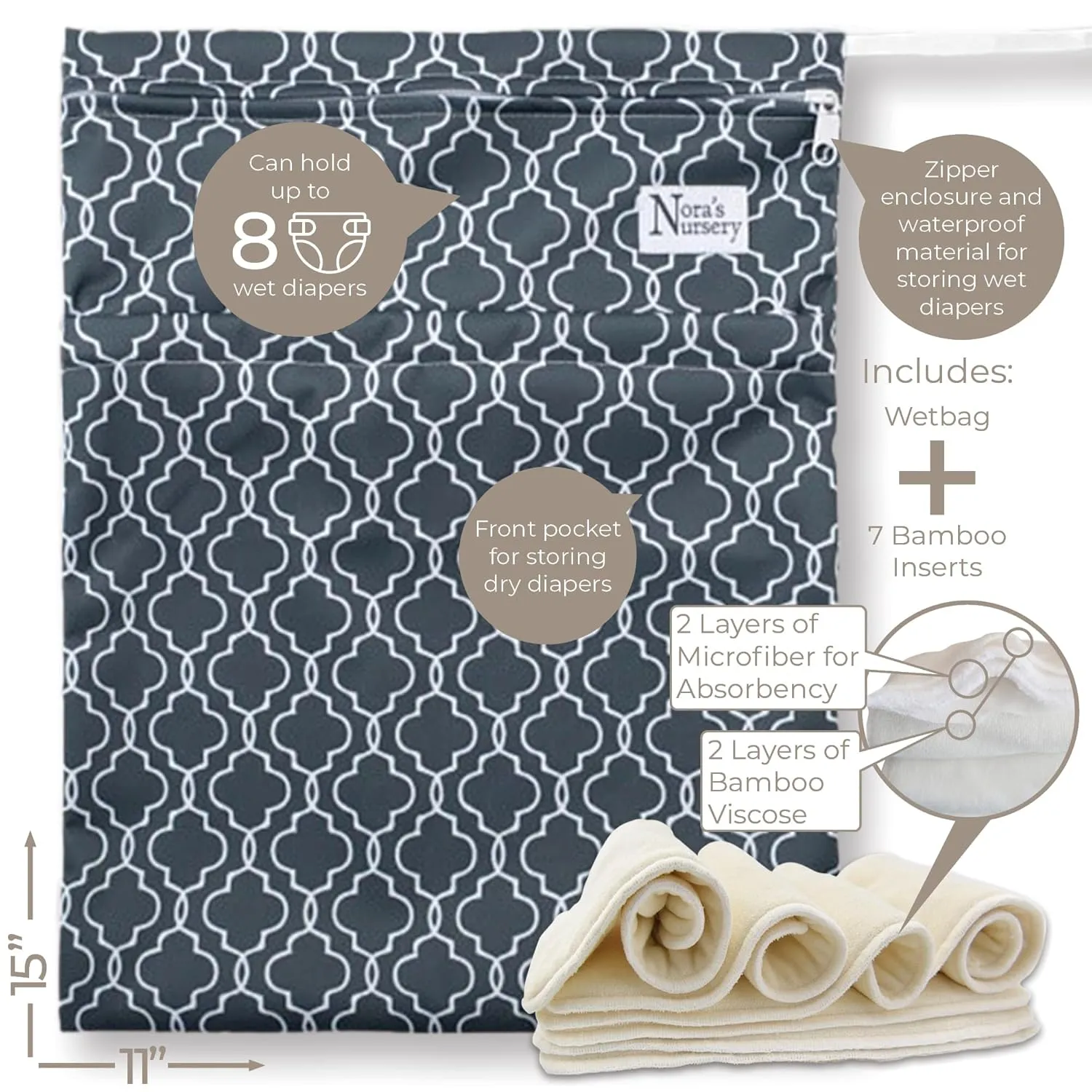 Nora's Nursery Cloth Diapers 7 Pack with 7 Inserts & 1 Wet Bag - Waterproof Cover, Washable, Reusable & One Size Adjustable Pocket Diapers for Newborns and Toddlers - Buffalo Plaid