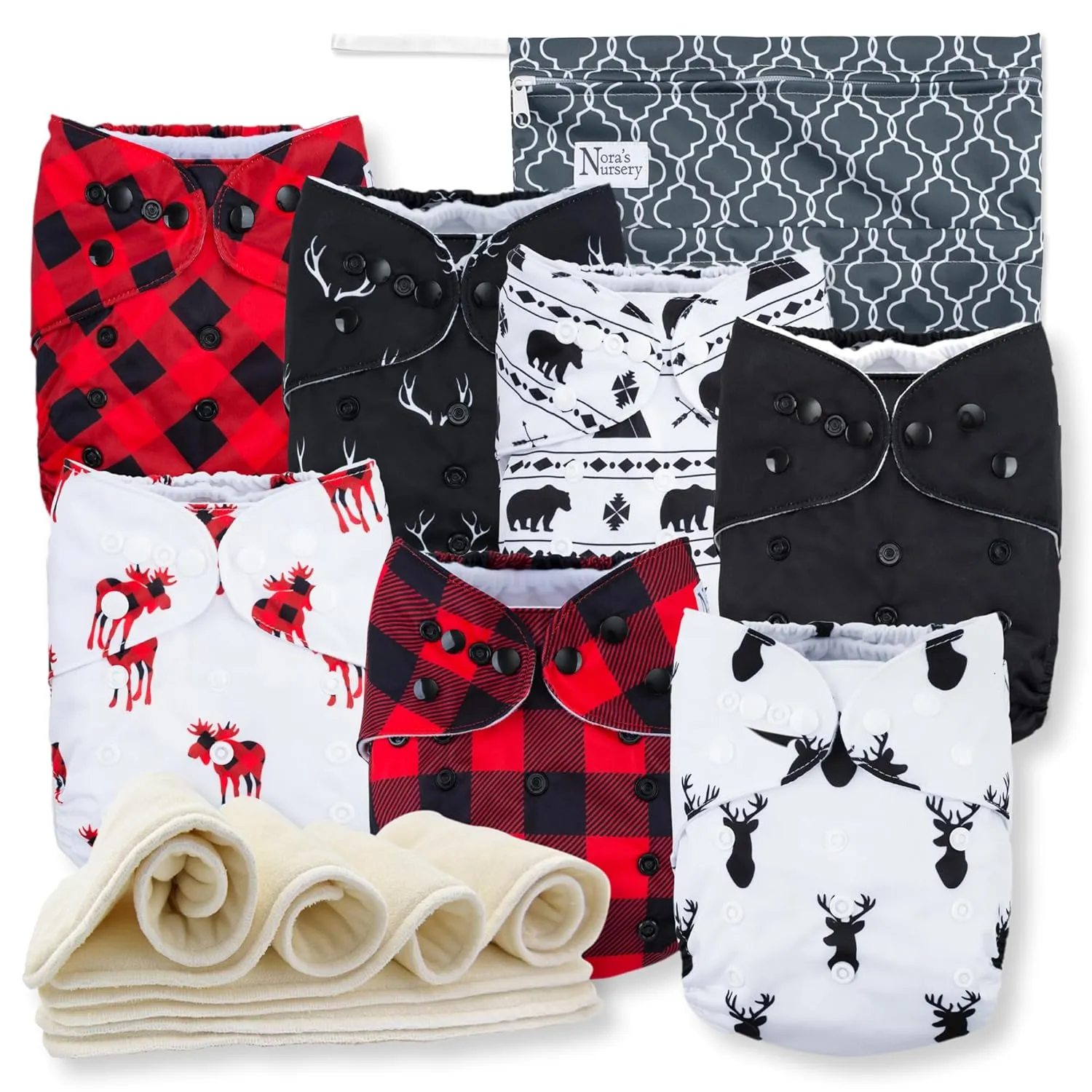 Nora's Nursery Cloth Diapers 7 Pack with 7 Inserts & 1 Wet Bag - Waterproof Cover, Washable, Reusable & One Size Adjustable Pocket Diapers for Newborns and Toddlers - Buffalo Plaid