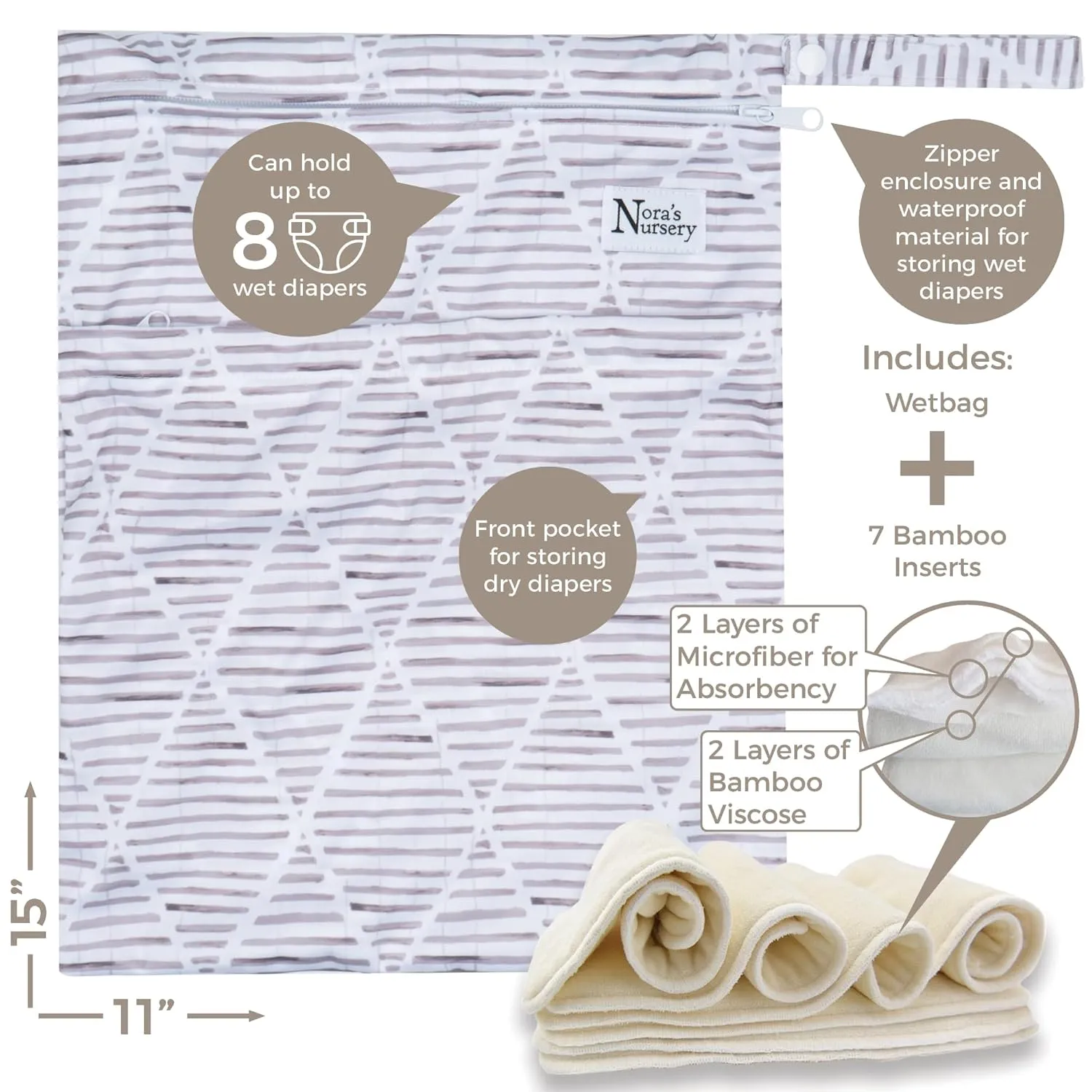 Nora's Nursery Cloth Diapers 7 Pack with 7 Inserts & 1 Wet Bag - Waterproof Cover, Washable, Reusable & One Size Adjustable Pocket Diapers for Newborns and Toddlers - Oasis