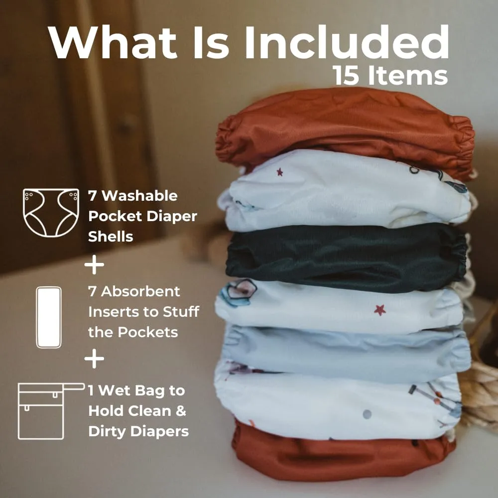 Nora's Nursery Cloth Diapers 7 Pack with 7 Inserts & 1 Wet Bag - Waterproof Cover, Washable, Reusable & One Size Adjustable Pocket Diapers for Newborns and Toddlers - Toy Box
