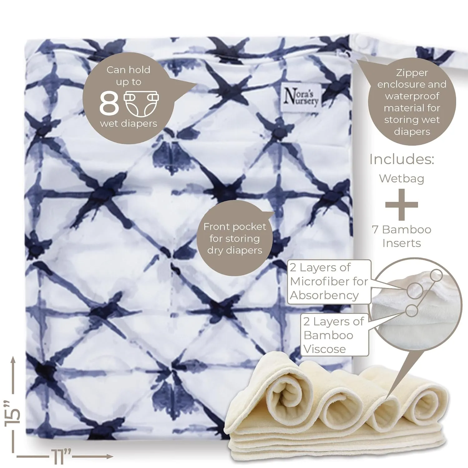 Nora's Nursery Cloth Diapers 7 Pack with 7 Inserts & 1 Wet Bag - Waterproof Cover, Washable, Reusable & One Size Adjustable Pocket Diapers for Newborns and Toddlers - Toy Box