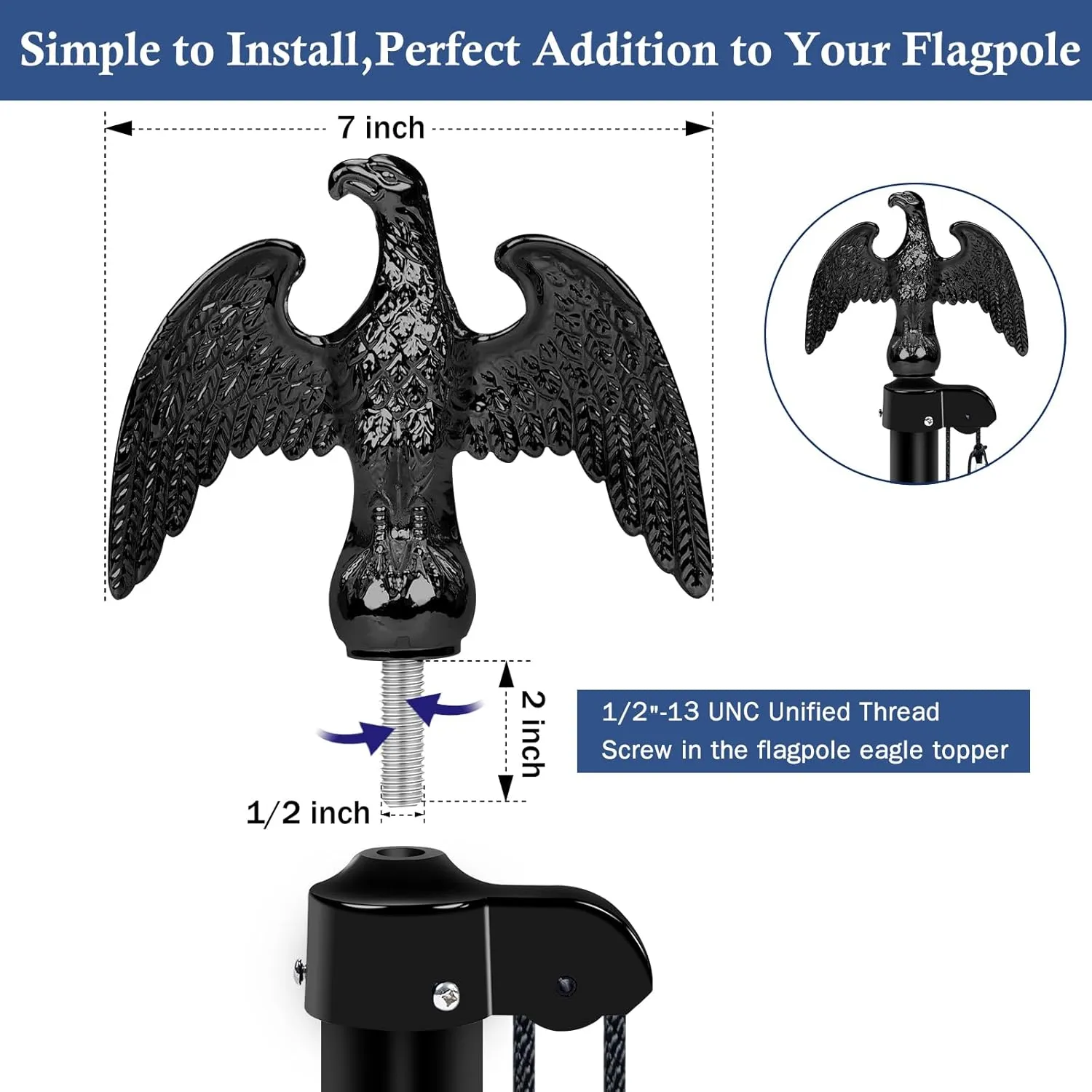 NQ Flag Pole Eagle Topper Ornament, Aluminum Alloy Eagle Finial for 20'/25'/30' Telescopic/Sectional Flagpole（Black,7inch）