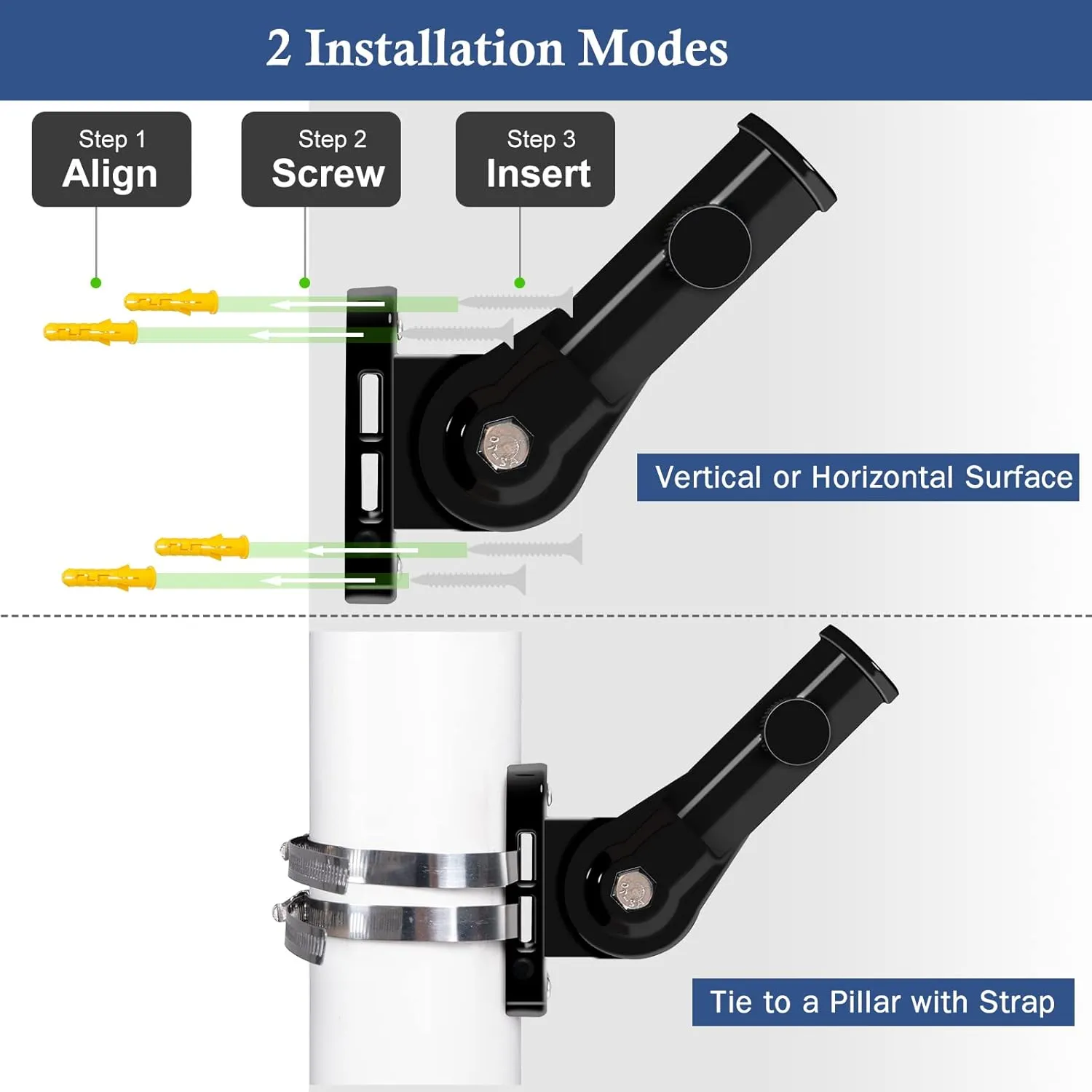 NQ Flag Pole Holder Adjustable Bracket for Outside House - Heavy Duty Aluminum Multi-Position Mounting Bracket, Rust Free With Hardware, 1" Inner Diameter (Black- 2 Pack)