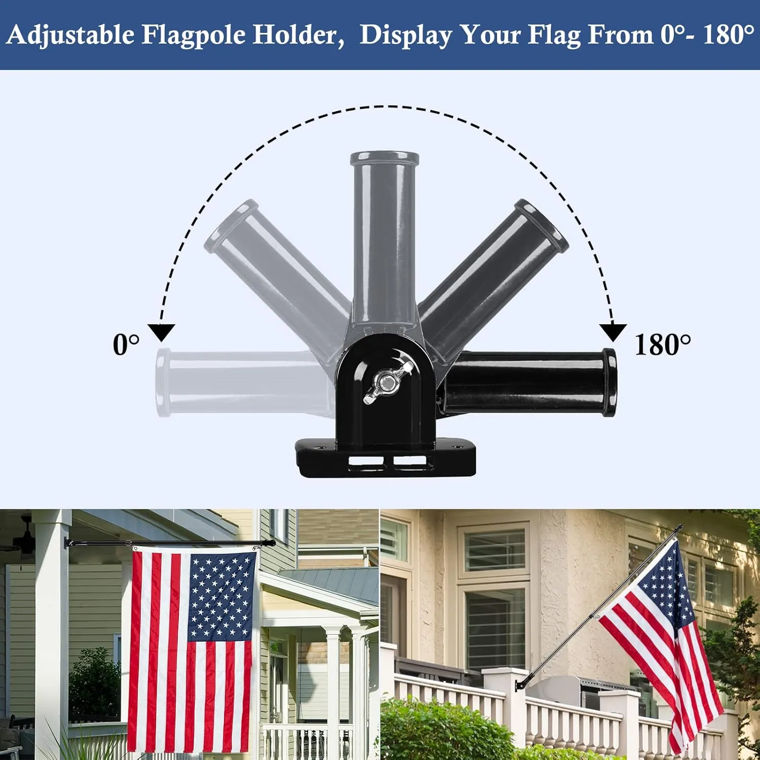 NQ Flag Pole Holder Adjustable Bracket for Outside House - Heavy Duty Aluminum Multi-Position Mounting Bracket, Rust Free With Hardware, 1" Inner Diameter (Black- 2 Pack)