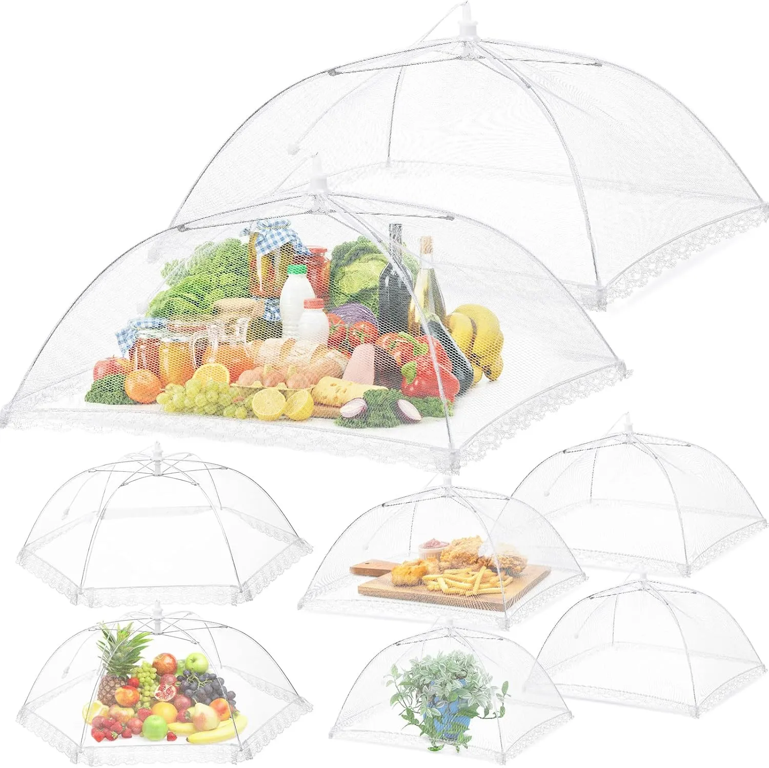 Nuogo 12 Pack Mesh Food Cover Tent Multiple Sizes (40x24*2, 24x24*2, 17x17*4, 14x14*4) Reusable and Collapsible Extra Large Serving Dish Tent Umbrella Picnic Accessories for Outdoors Parties BBQs