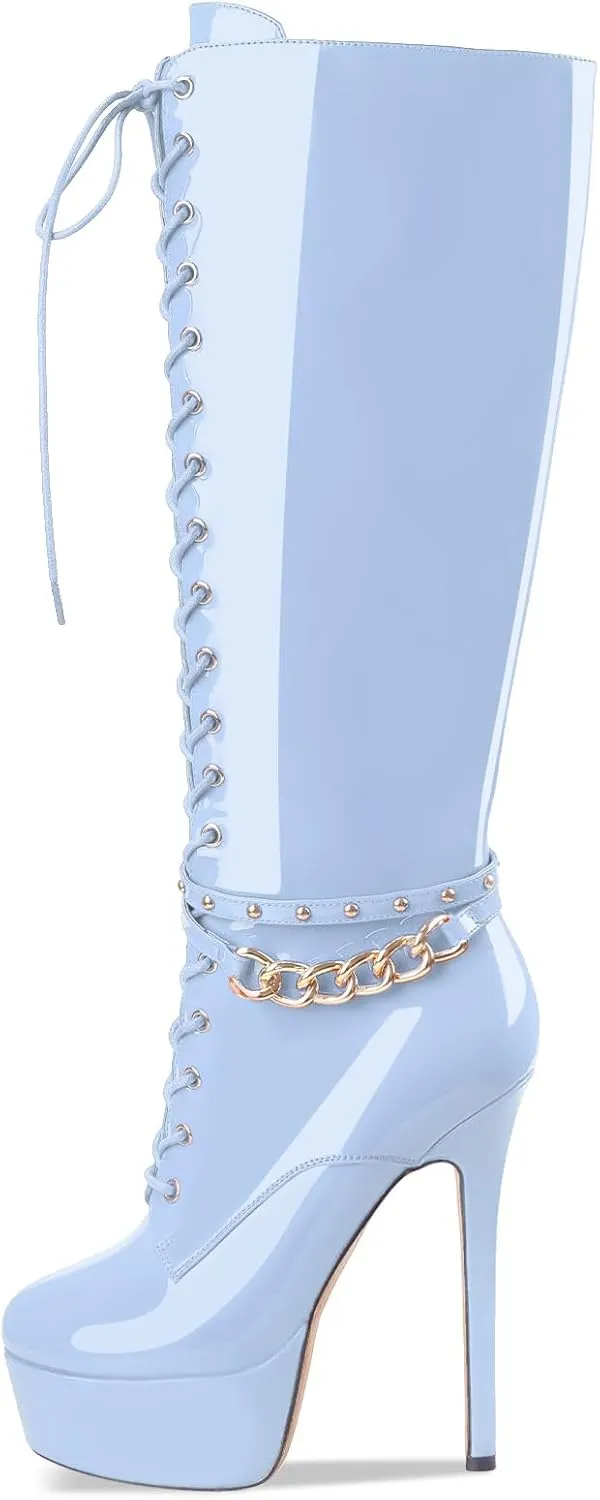 Oh Mispares Platform Knee High Boots Stiletto High Heels Round Closed Toe Lace up Patent Leather Tall Boots for Women 6 inch Studs Long Boots with Gold Chain