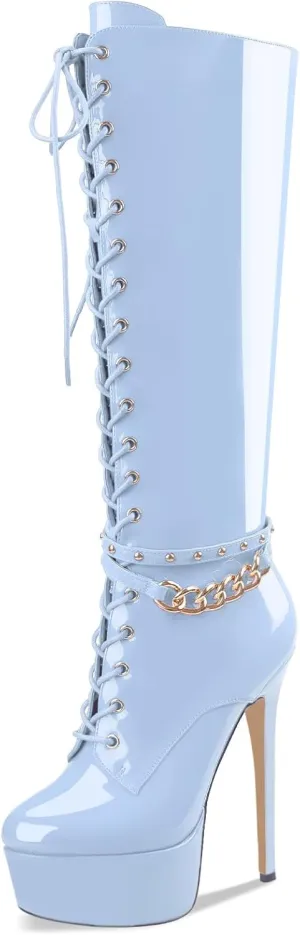 Oh Mispares Platform Knee High Boots Stiletto High Heels Round Closed Toe Lace up Patent Leather Tall Boots for Women 6 inch Studs Long Boots with Gold Chain