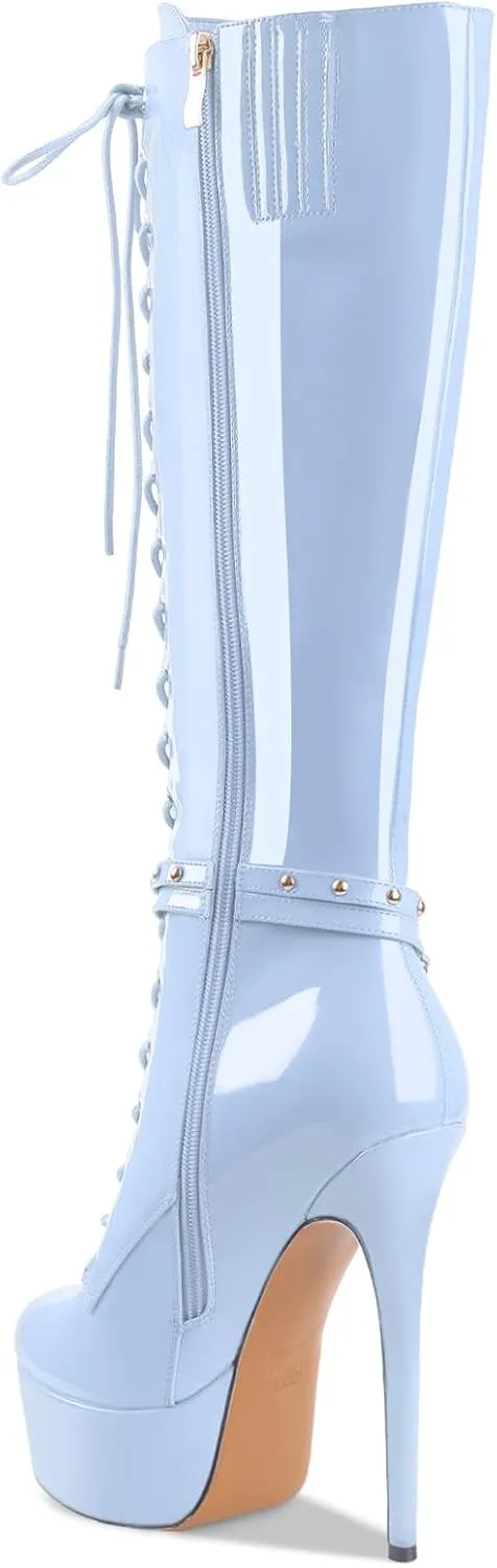 Oh Mispares Platform Knee High Boots Stiletto High Heels Round Closed Toe Lace up Patent Leather Tall Boots for Women 6 inch Studs Long Boots with Gold Chain