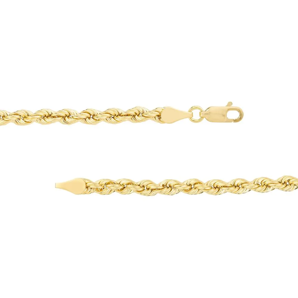 Olas d'Oro - 14K Yellow Gold 4mm Light Rope Chain Bracelet with Lobster Lock - 8" Length