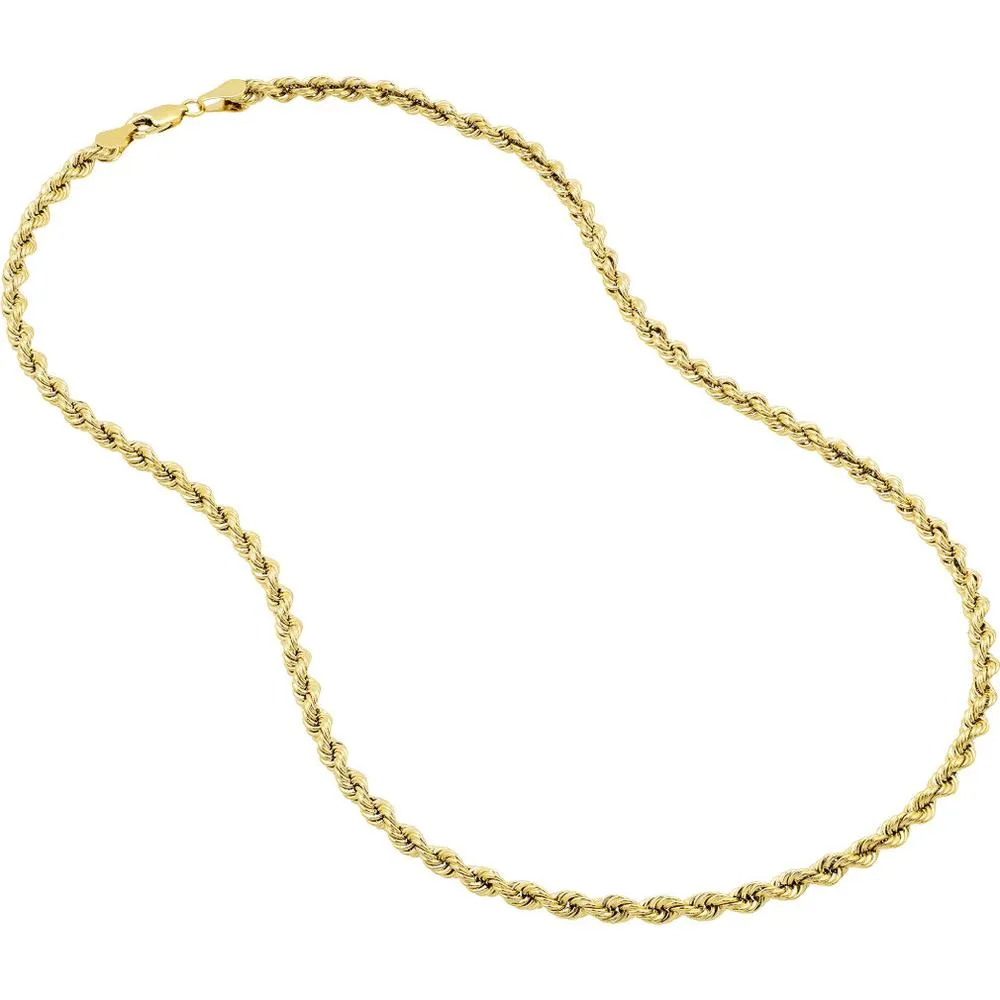 Olas d'Oro - 14K Yellow Gold 4mm Light Rope Chain Bracelet with Lobster Lock - 8" Length