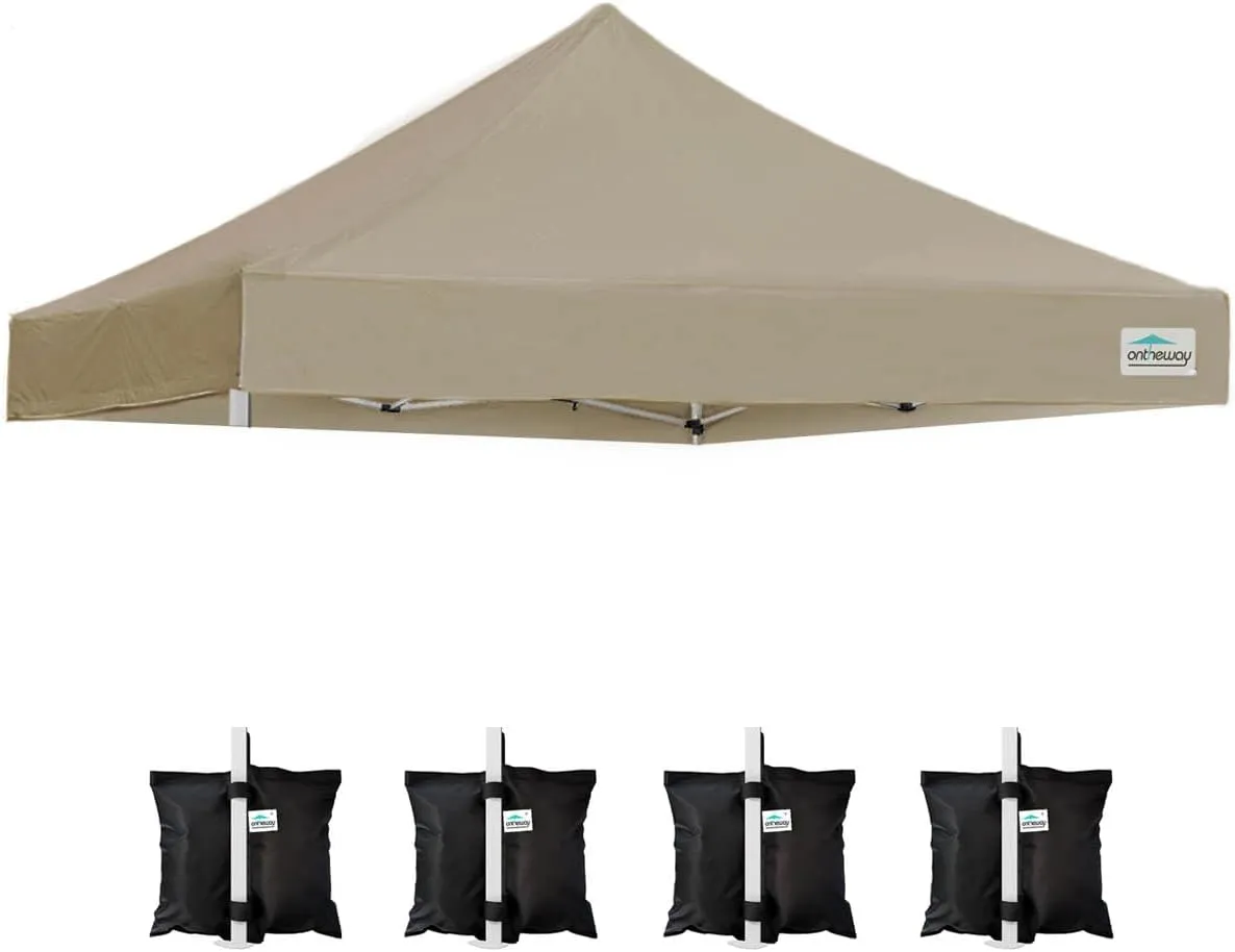 Ontheway 10' x 10' Replacement Canopy Top for Pop Up Tent, Instant Canopy Top Cover, Bonus 4PC Pack Canopy Weight Bag (Khaki)