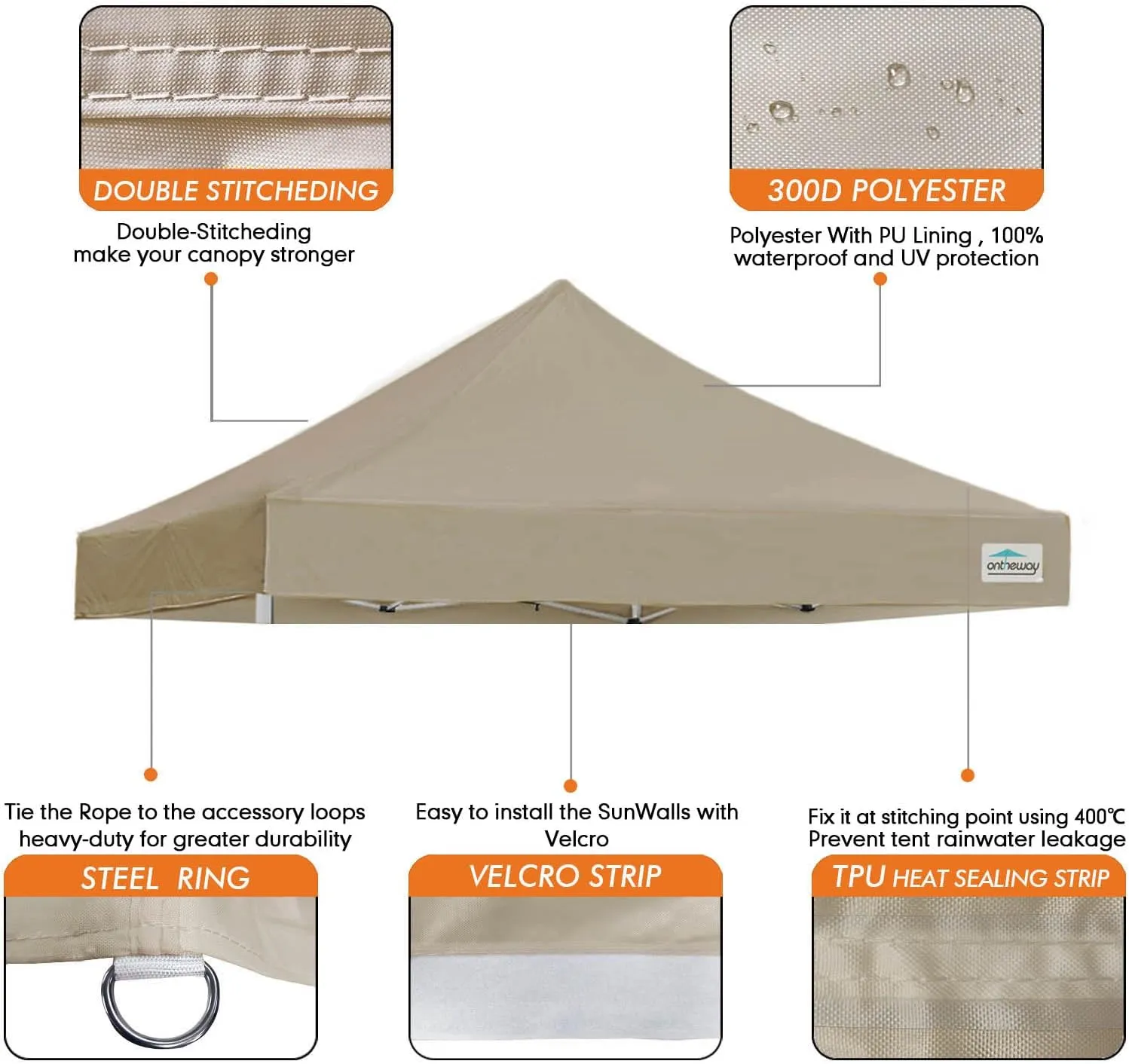 Ontheway 10' x 10' Replacement Canopy Top for Pop Up Tent, Instant Canopy Top Cover, Bonus 4PC Pack Canopy Weight Bag (Khaki)