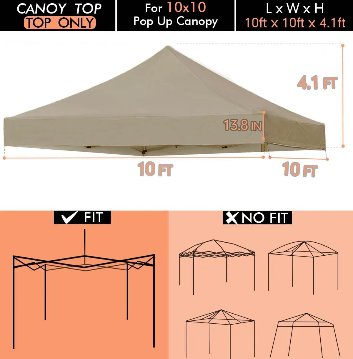 Ontheway 10' x 10' Replacement Canopy Top for Pop Up Tent, Instant Canopy Top Cover, Bonus 4PC Pack Canopy Weight Bag (Khaki)