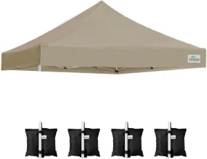Ontheway 10' x 10' Replacement Canopy Top for Pop Up Tent, Instant Canopy Top Cover, Bonus 4PC Pack Canopy Weight Bag (Khaki)