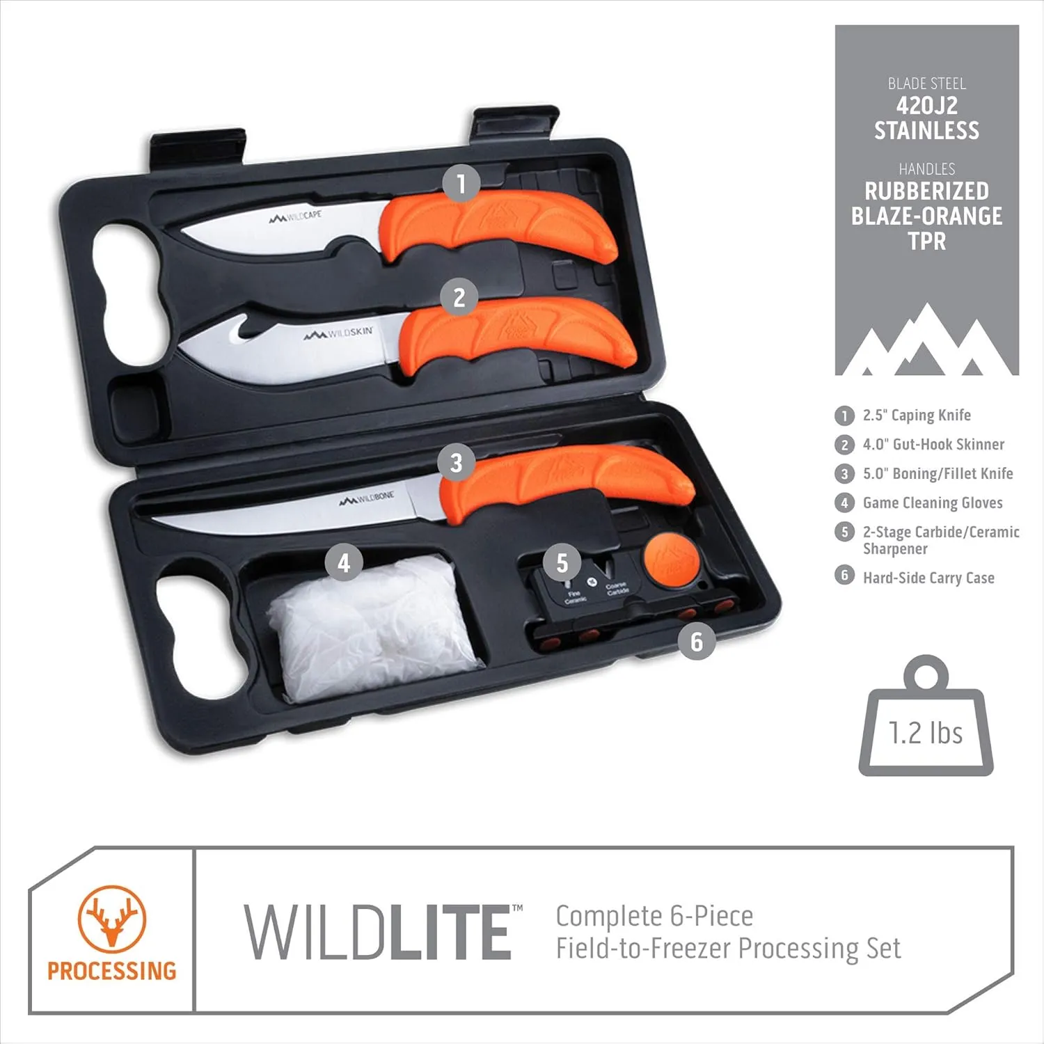 Outdoor Edge WildLite - 6-Piece Field to Freezer Hunting & Game Processing Knife Set with Gut Hook Blade, Caping Knife - Hunting Knives for Gutting Deer with Case - Deer & Elk Accessories