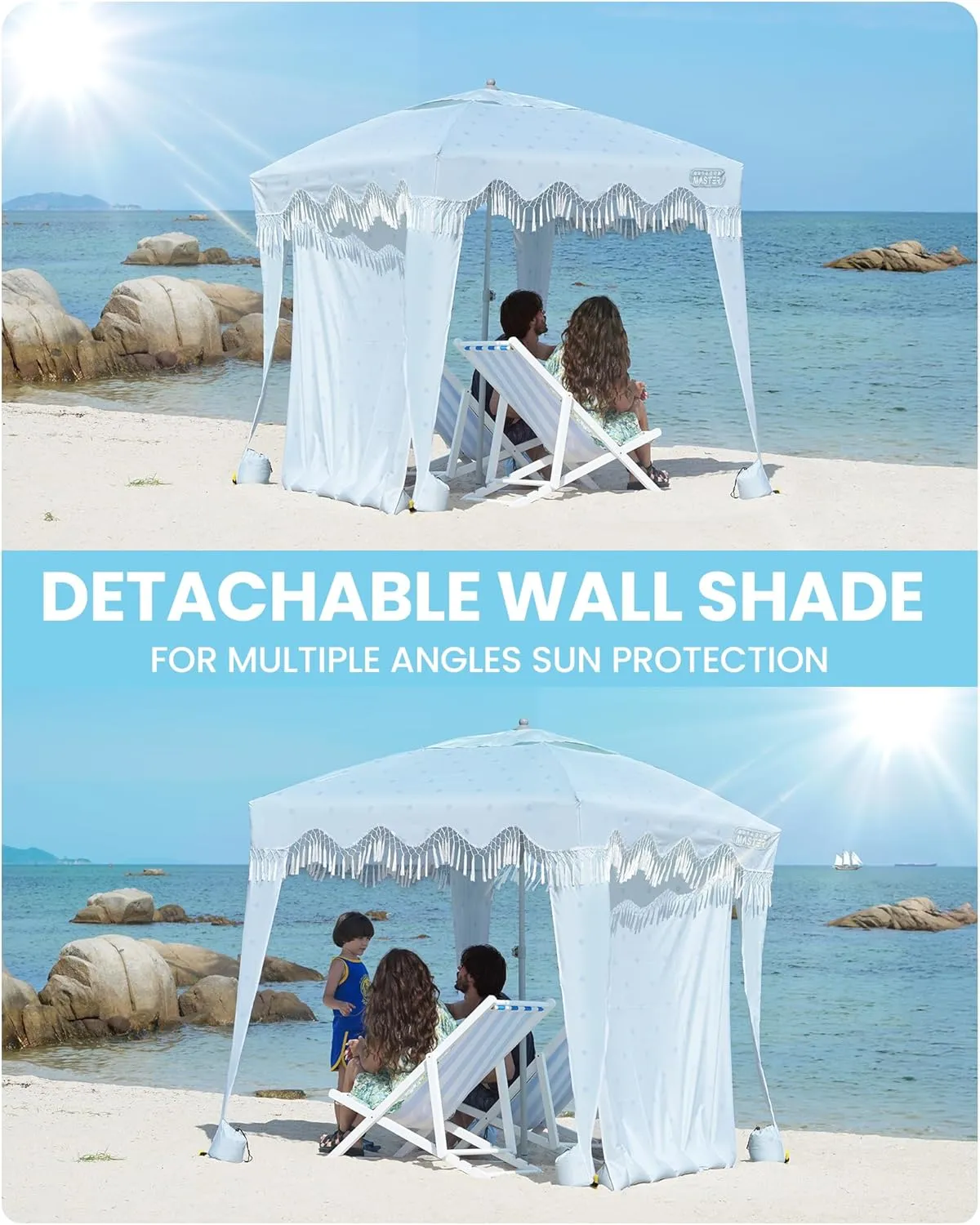 OutdoorMaster Portable Beach Cabana with Fringe, 6' x 6' Canopy, Easy Set Up Beach Shelter, Side Wall, UPF 50  UV Protection Sun Umbrella - For Kids, Family & Friends